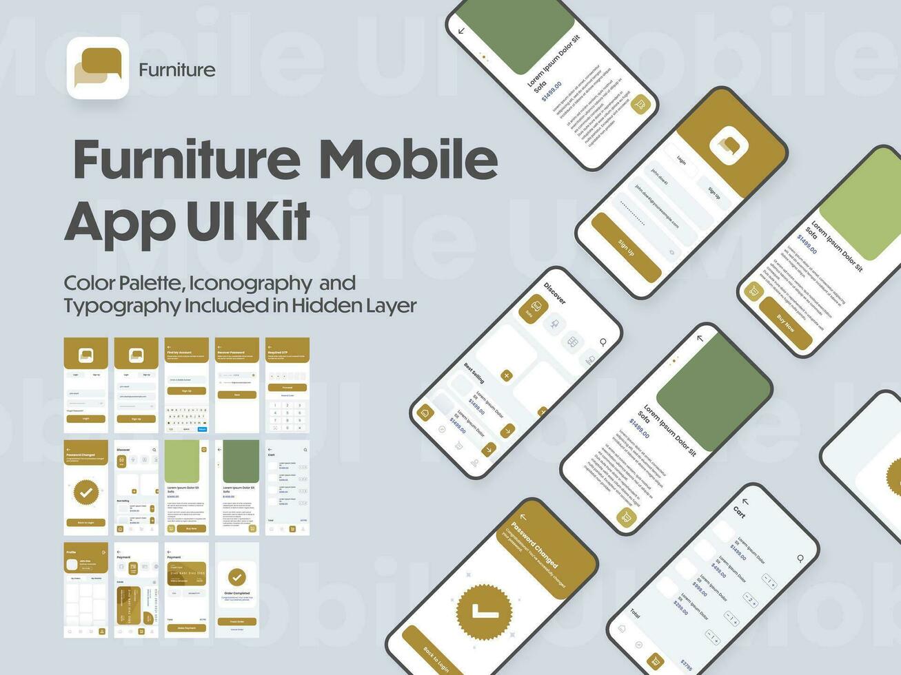 Möbel Handy, Mobiltelefon App ui Kit mit mehrere Bildschirme wie Log In, erstellen Konto, Profil, bestellen und Zahlung. vektor