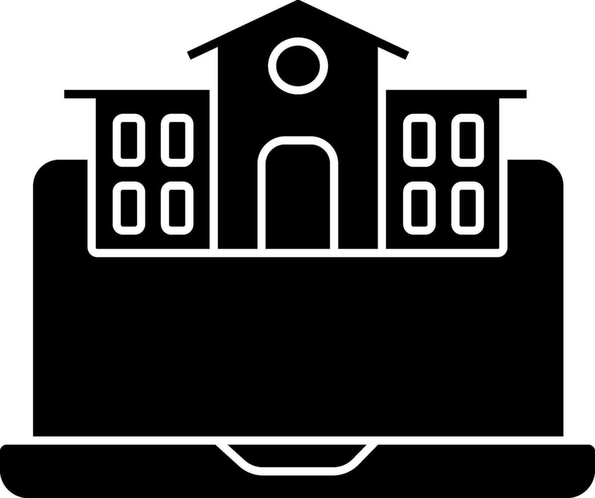 Schule Gebäude mit Laptop Symbol im schwarz und Weiß Farbe. vektor