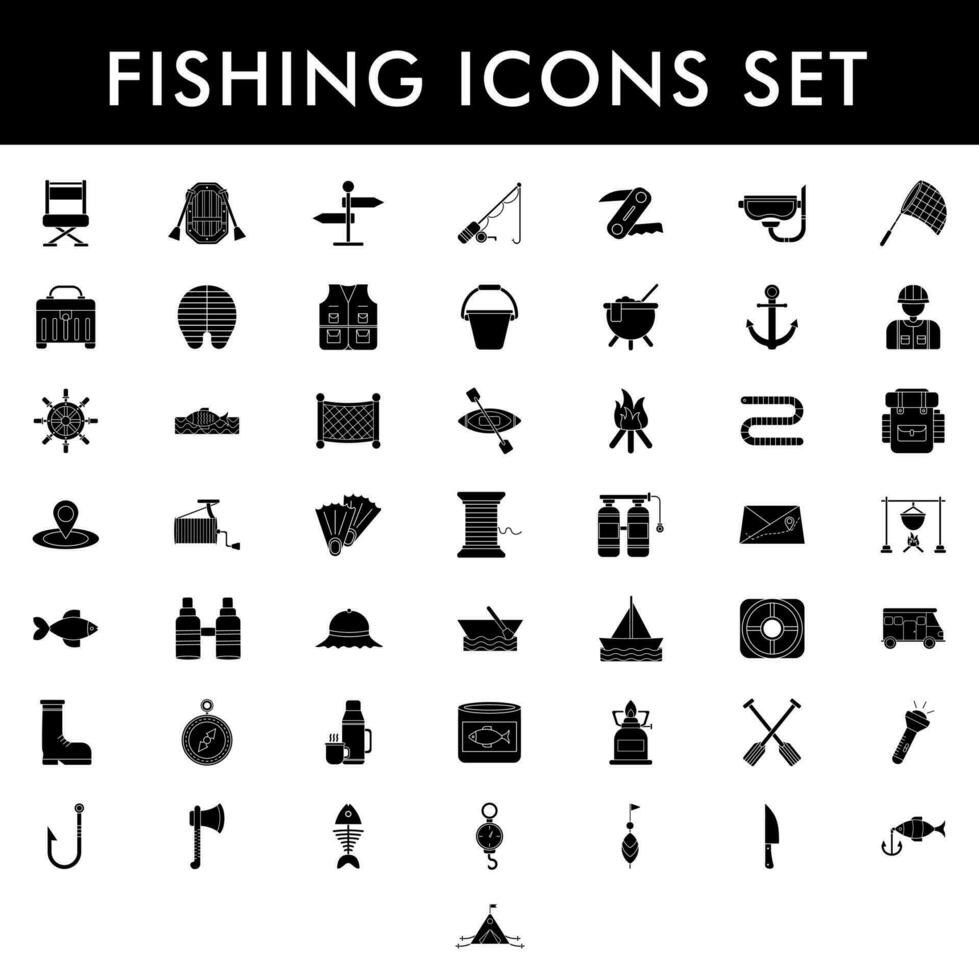 fiske eller camping glyf ikon uppsättning. vektor