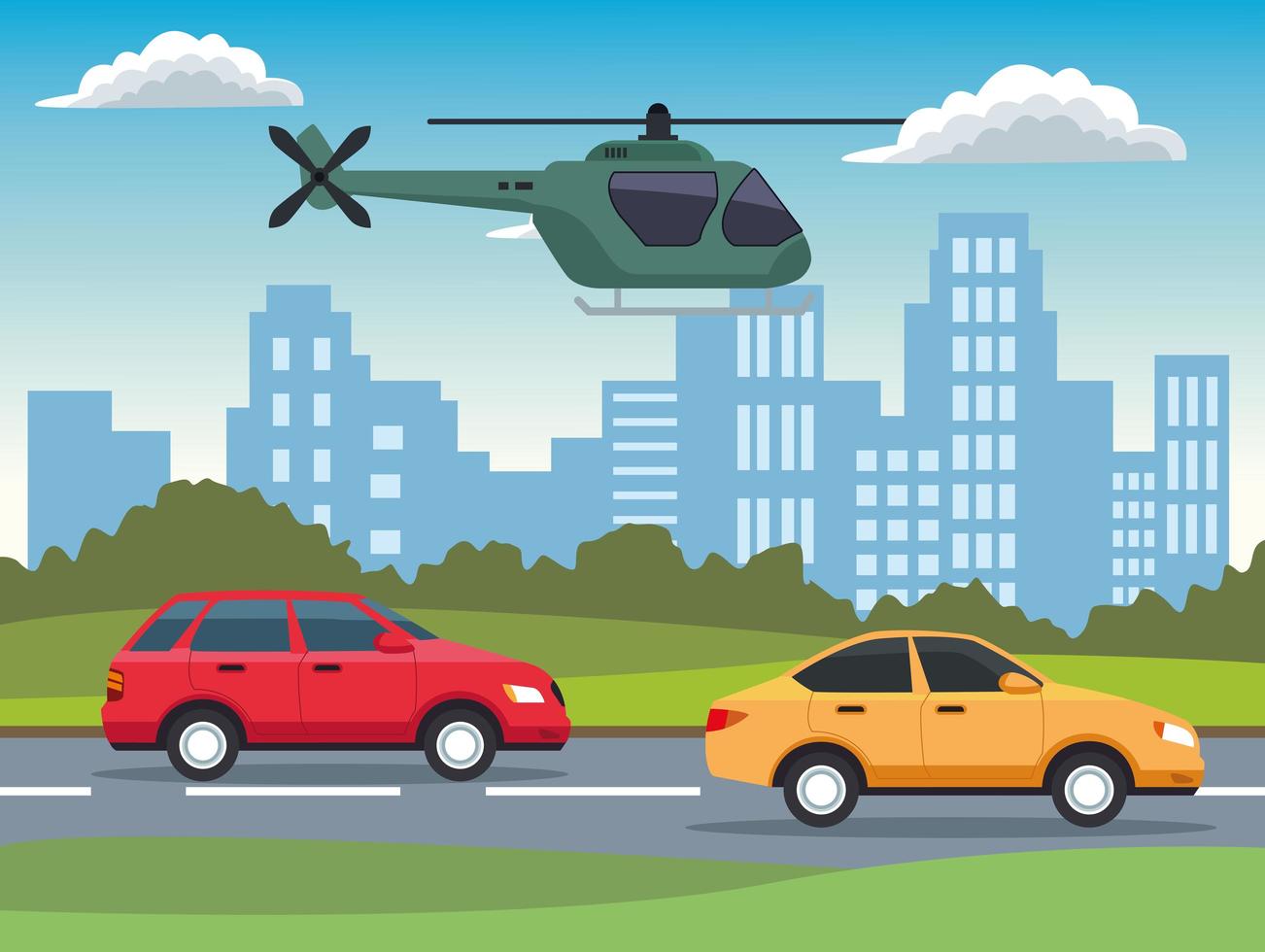 gelbe und rote Autos, Fahrzeuge und Hubschrauberszene vektor
