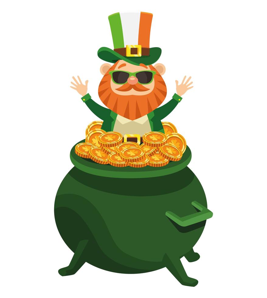 saint patrick leprechaun karaktär med solglasögon i skattkedjan vektor