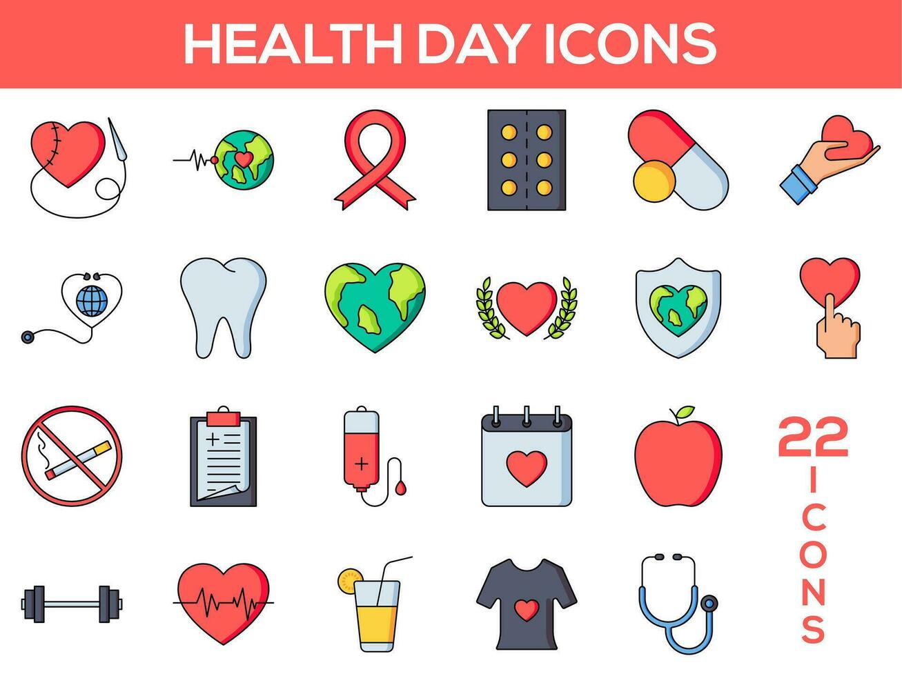 platt stil hälsa dag 22 ikoner. vektor