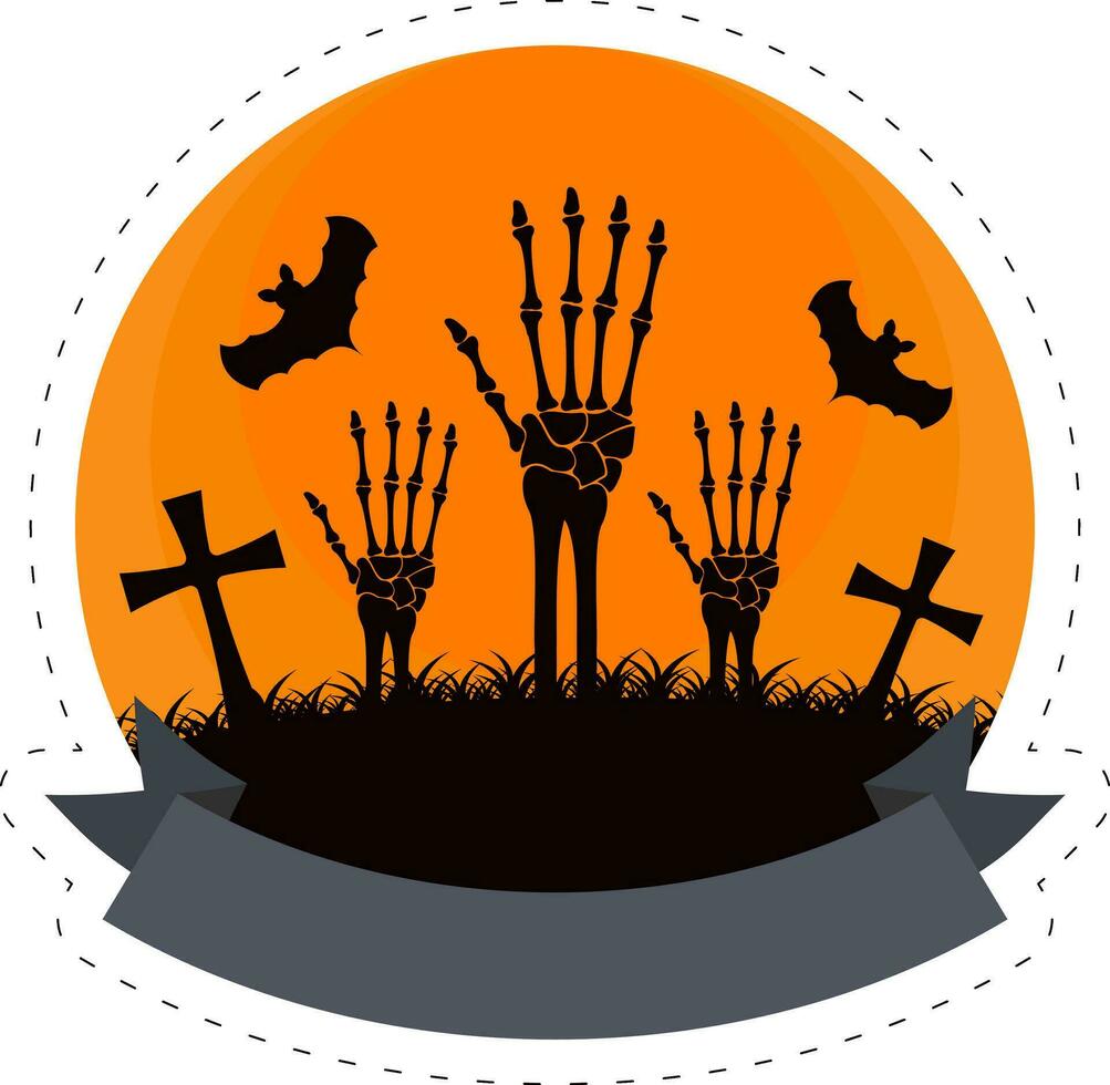 Skelett Hände oben mit fliegen Fledermäuse Friedhof kreisförmig Orange Hintergrund zum glücklich Halloween Konzept. vektor