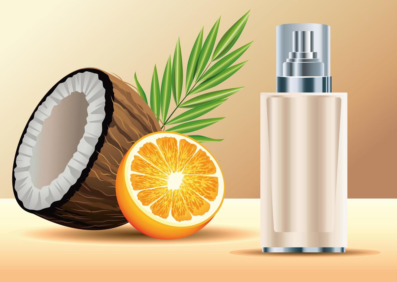 grädde hudvård sprayflaska produkt med kokosnöt och apelsin vektor
