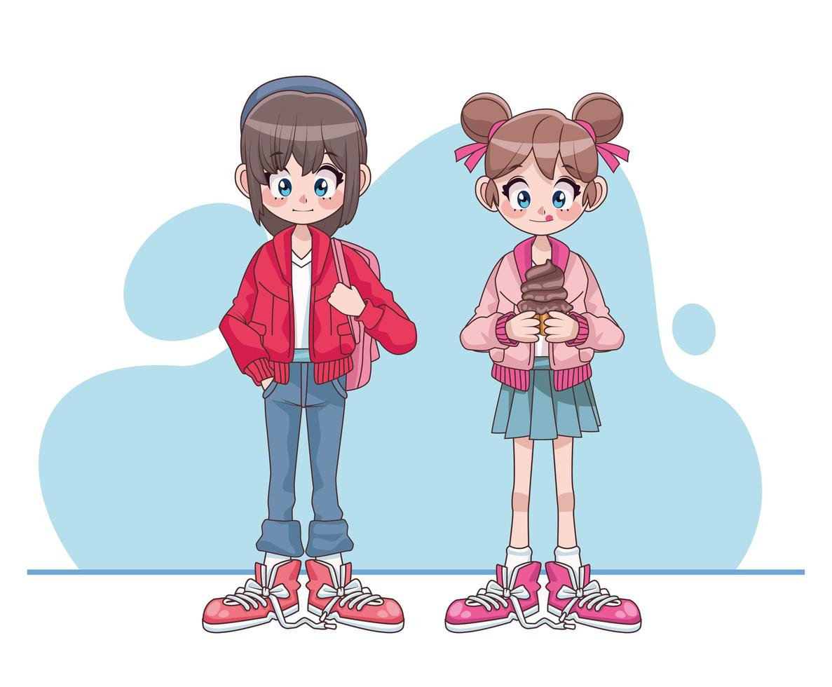 schöne Teenager Mädchen Paar Anime Charaktere vektor