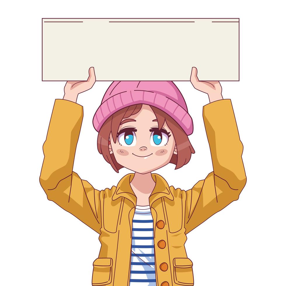 söt liten flicka komisk manga bär hatt lyft protest banner vektor