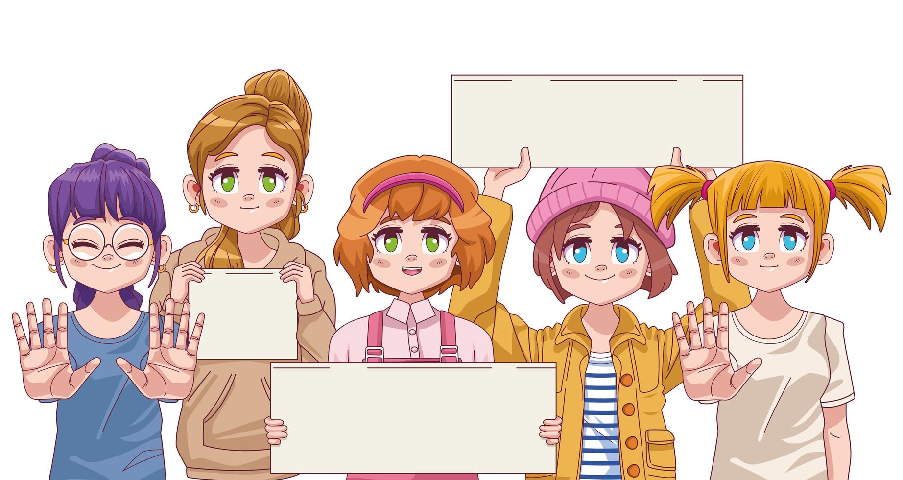 grupp söta tjejer manga anime med protest banners vektor