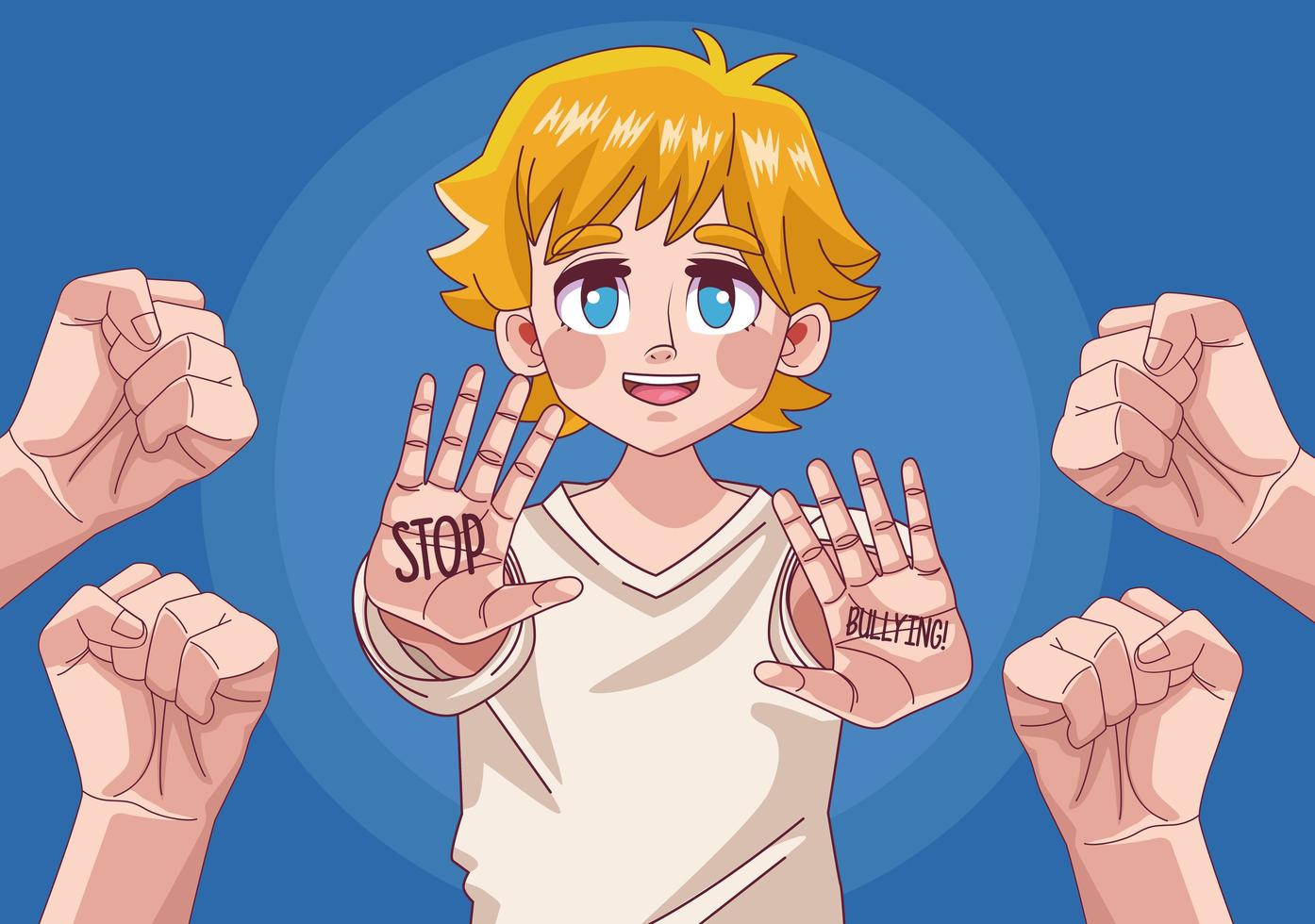 Comic-Anime-Figur des jugendlichen blonden Jungen mit den Händen, die aufhören vektor