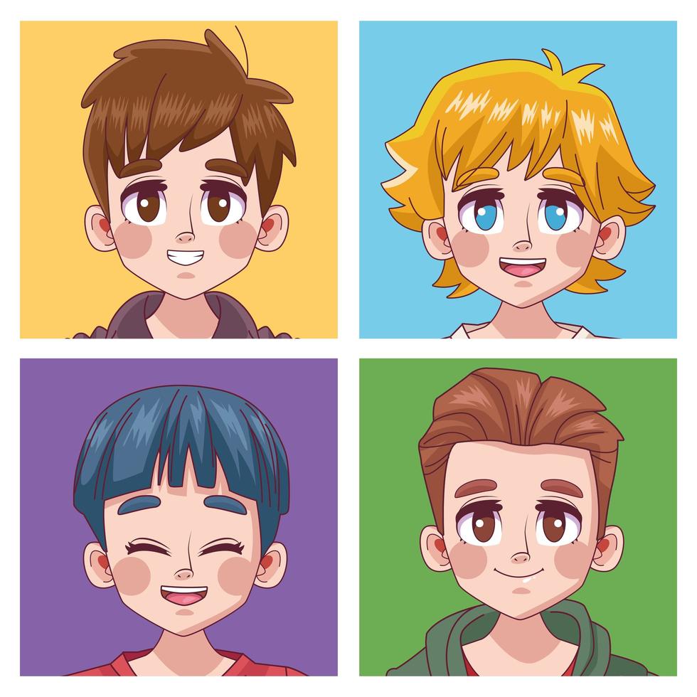 grupp av fyra söta ungar pojkar tonåringar manga anime huvuden karaktärer vektor