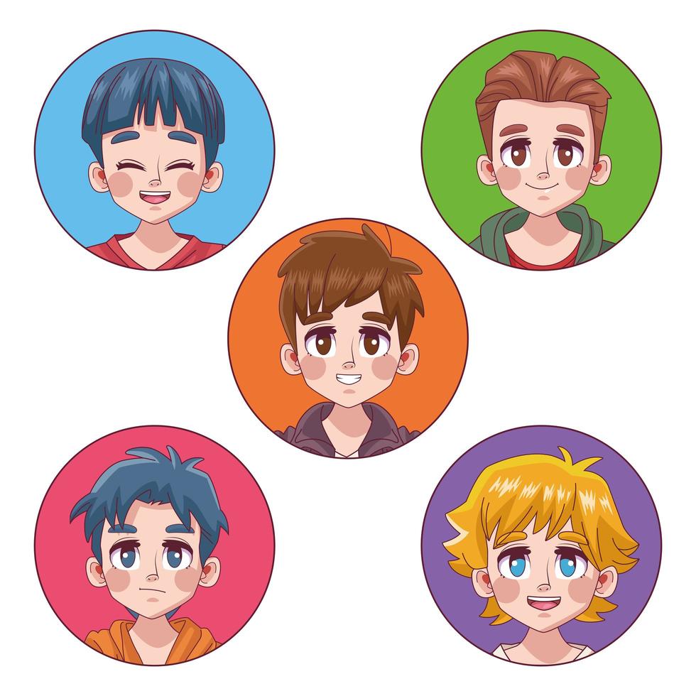 grupp av fem söta unga pojkar tonåringar manga anime karaktärer vektor
