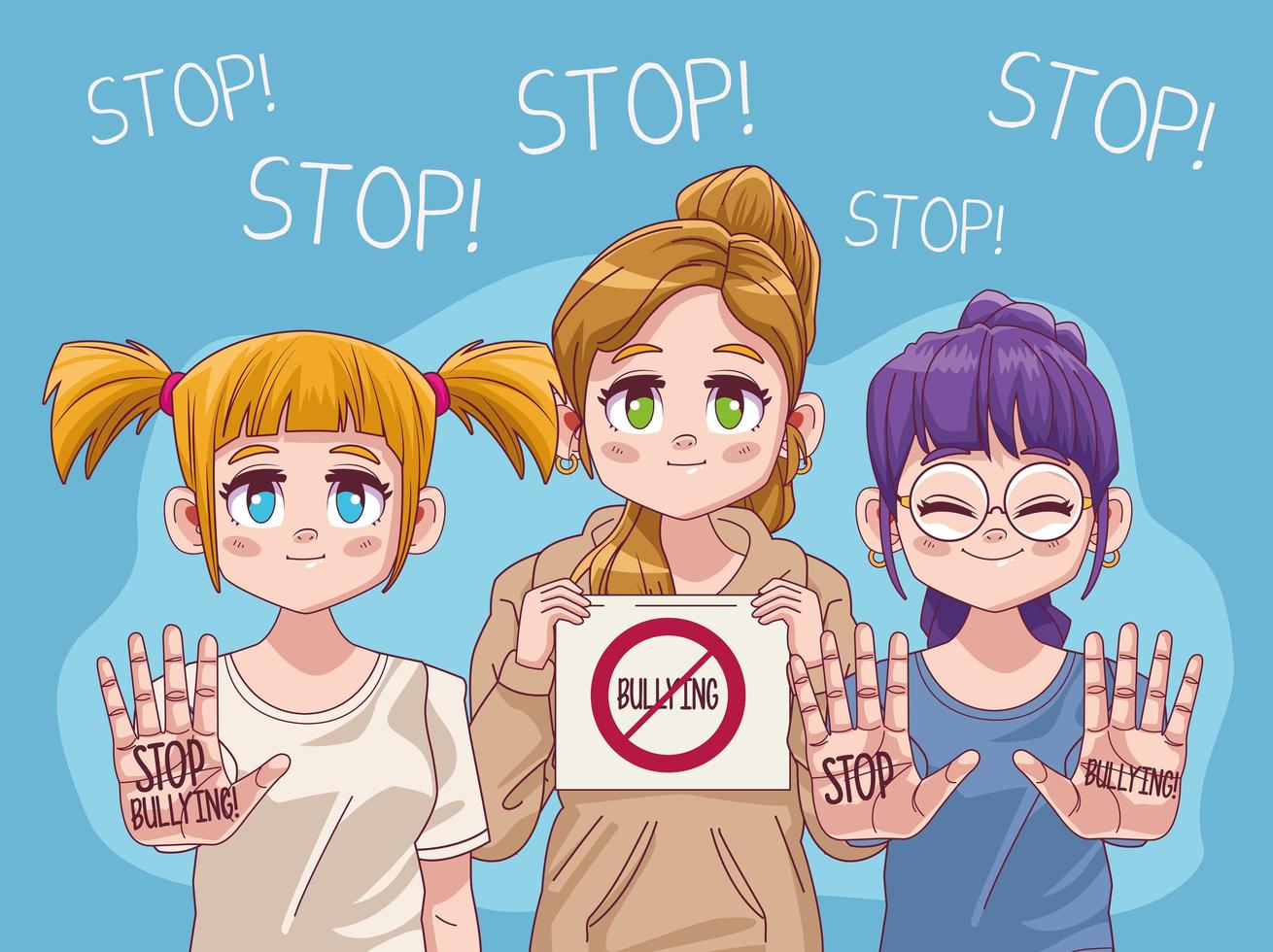 söta små flickor grupp med stopp mobbning komiska manga karaktärer vektor