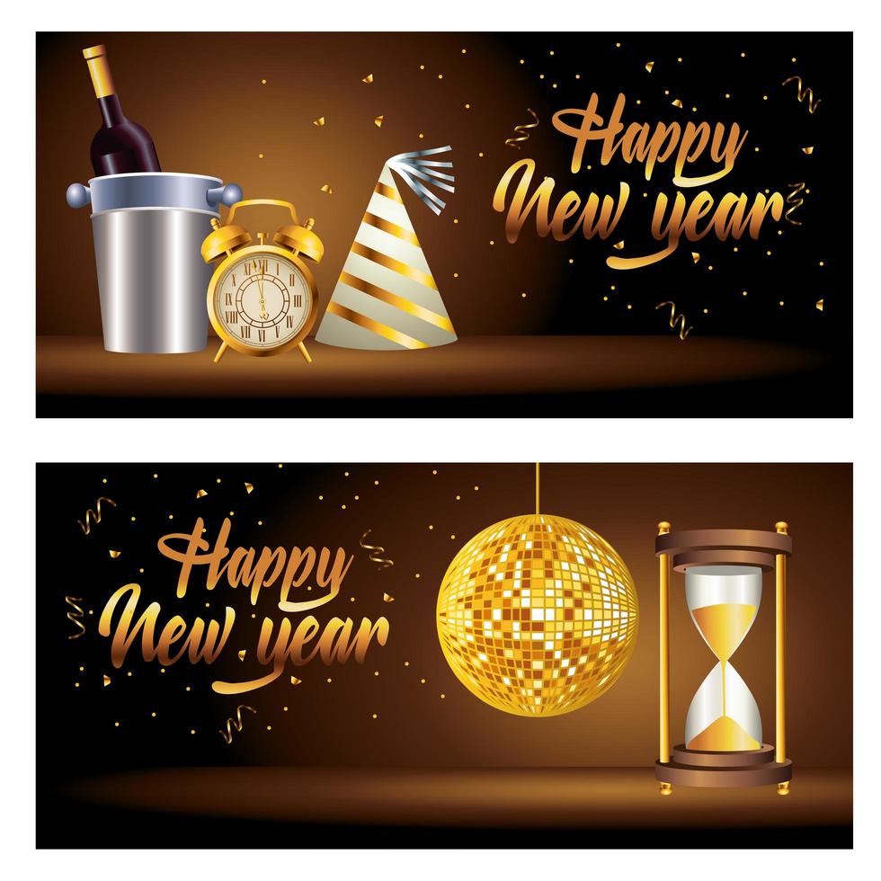 Frohes neues Jahr Schriftzüge mit Spiegeln Ball Disco und Feier Ikonen vektor