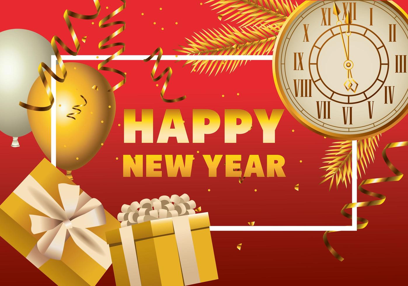 Frohes neues Jahr goldene Uhr mit Geschenken und Luftballons Helium im quadratischen Rahmen vektor