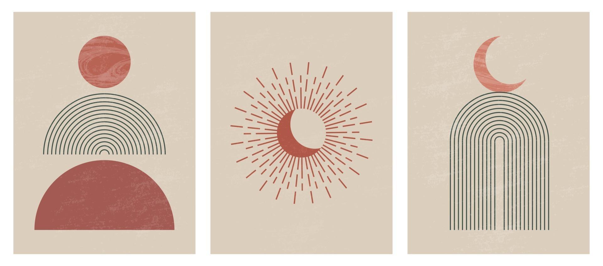 Satz moderner minimalistischer Kunstdruck der Mitte des Jahrhunderts mit abstraktem zeitgenössischem ästhetischem Hintergrund der organischen natürlichen Form mit geometrischen Mondphasen Sonnenlinien Erdton Boho-Wanddekor vektor
