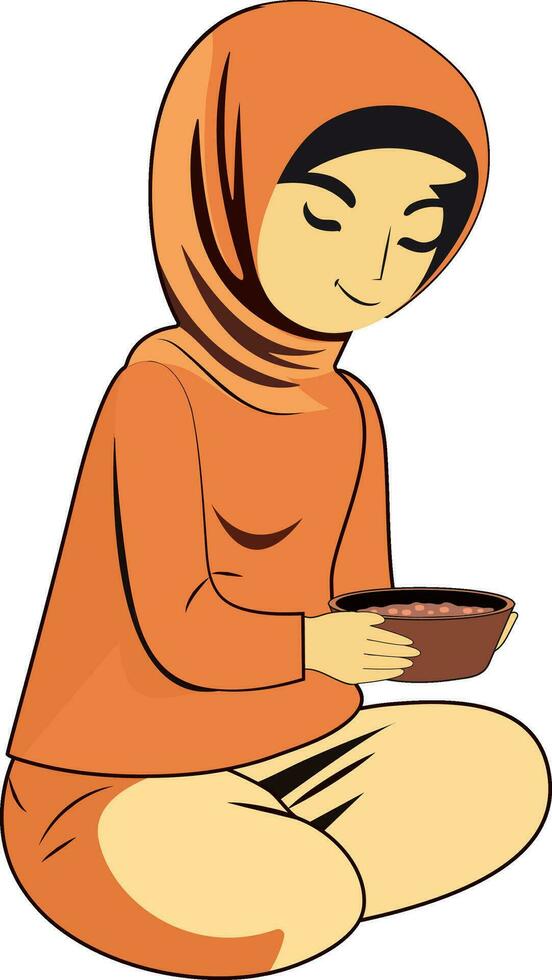 Illustration von jung Muslim Frau halten Essen Schüssel im Sitzung Pose. vektor