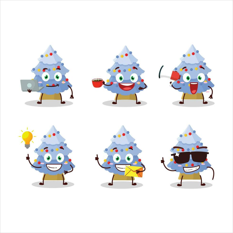 Blau Weihnachten Baum Karikatur Charakter mit verschiedene Typen von Geschäft Emoticons vektor
