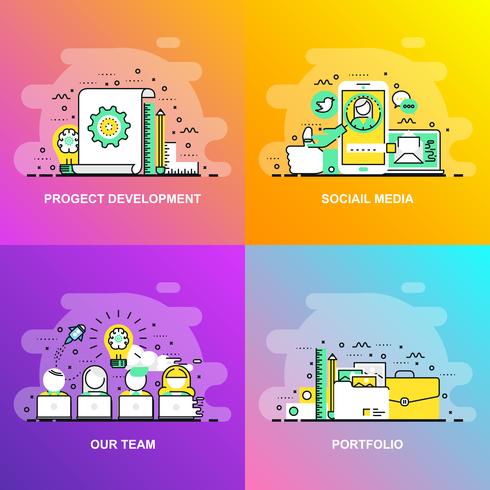 Modern jämn gradient plattlinjekoncept webbanner av sociala medier, vårt team, portfölj och projektutveckling vektor