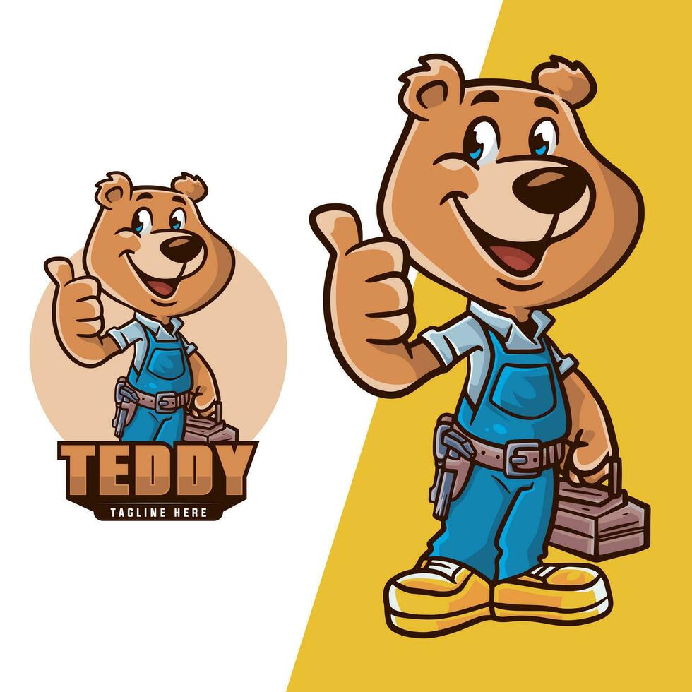 teddy Björn logotyp karaktär byggnad, med verktyg. vektor