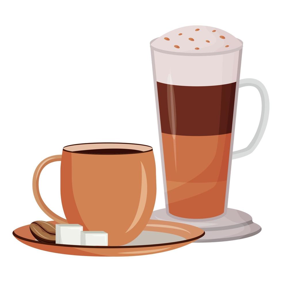 Kaffee trinkt Karikaturvektorillustration. Cappuccino in Tassen flaches Farbobjekt. irischer Kaffee mit Schichten. Latte in Keramikbecher. Restaurant bestellen. Koffeincocktail lokalisiert auf weißem Hintergrund vektor