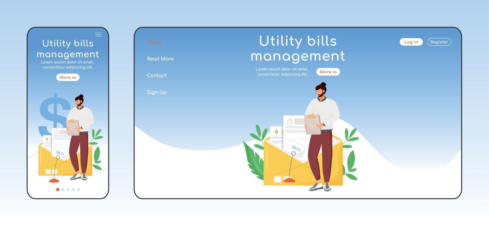 Utility Bills Management adaptive Landing Page flache Farbe Vektor Vorlage Set