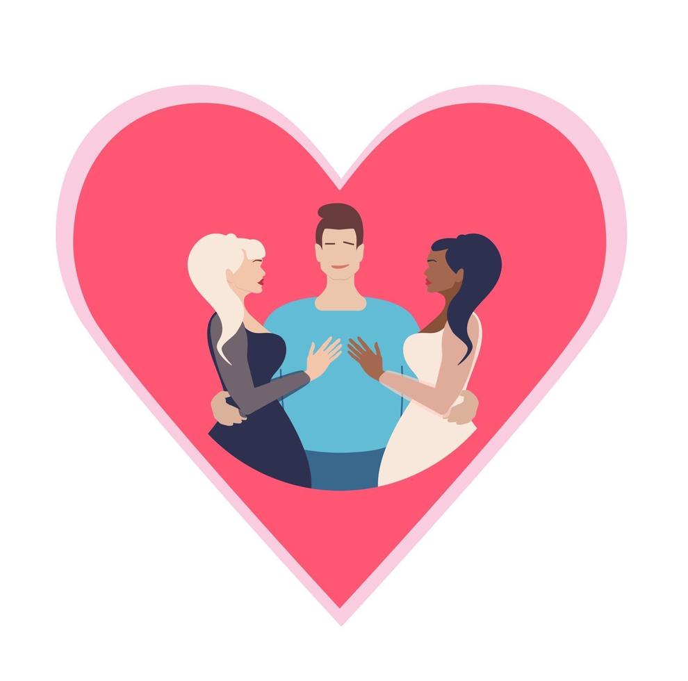 polyamory i förhållanden. polyamory.open relation. polyamory konceptuell illustration. en ung kille omfamnar två vackra tjejer. kram. vektorillustration i platt stil. vektor