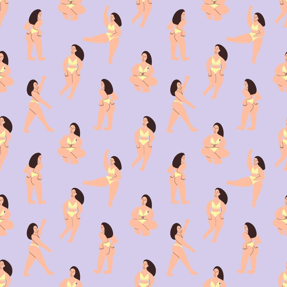 bodypositive Mädchen nahtloses Muster. Ein kurviges Model zeigt ihren Körper. Vektorillustration vektor