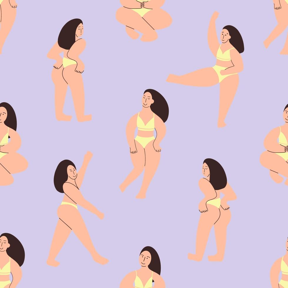 bodypositive Mädchen nahtloses Muster. Ein kurviges Model zeigt ihren Körper. Vektorillustration vektor