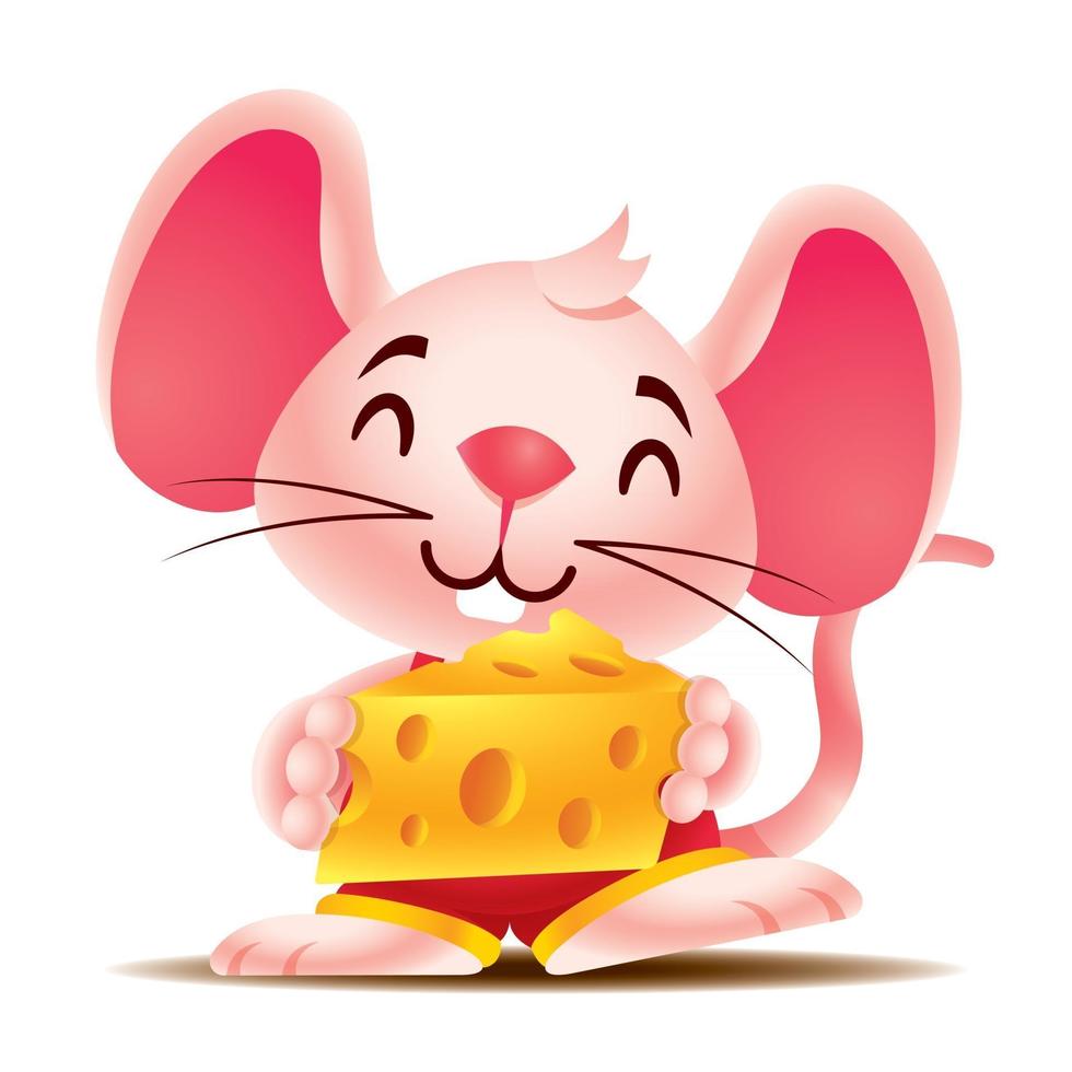 Karikatur niedliche Ratte mit großen Ohren, die einen großen Käse halten vektor