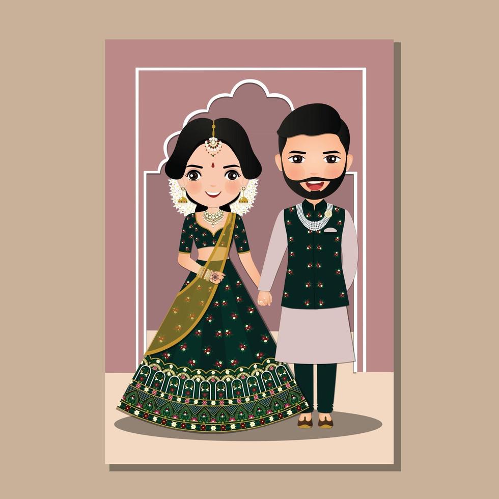 Hochzeitseinladungskarte das niedliche Paar der Braut und des Bräutigams in der traditionellen indischen Kleidkarikaturfigur vektor