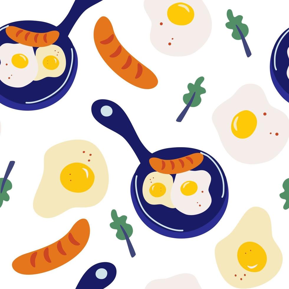 nahtloses Muster mit Rührei Vektor Morgen Frühstück nahtloses Muster mit Pfanne mit Eiern Wurst und Salatblätter Omelett Rührei Frühstück Essen Cartoon Illustration
