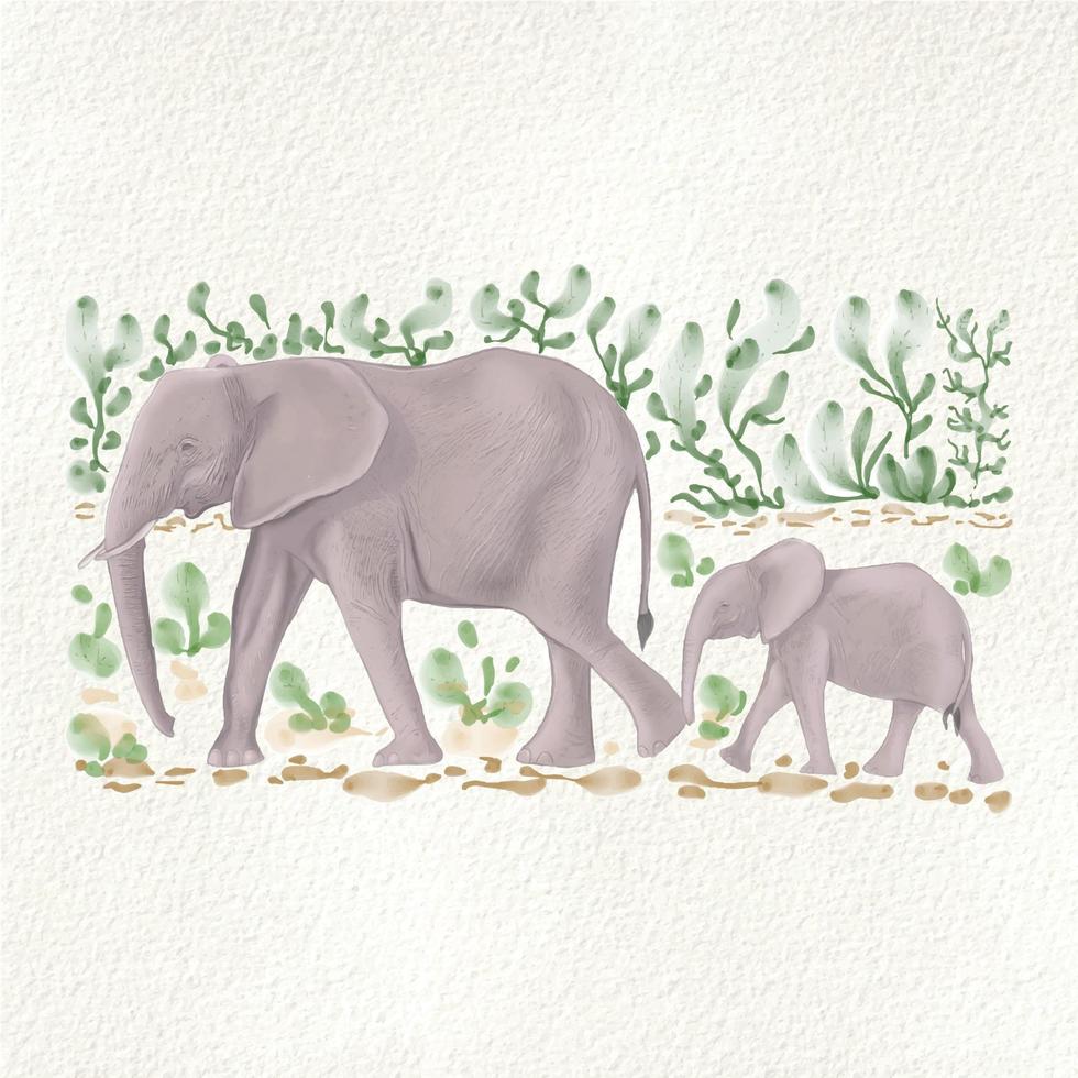 vektorillustration av elefanter bland gröna blad i akvarellstil vektor