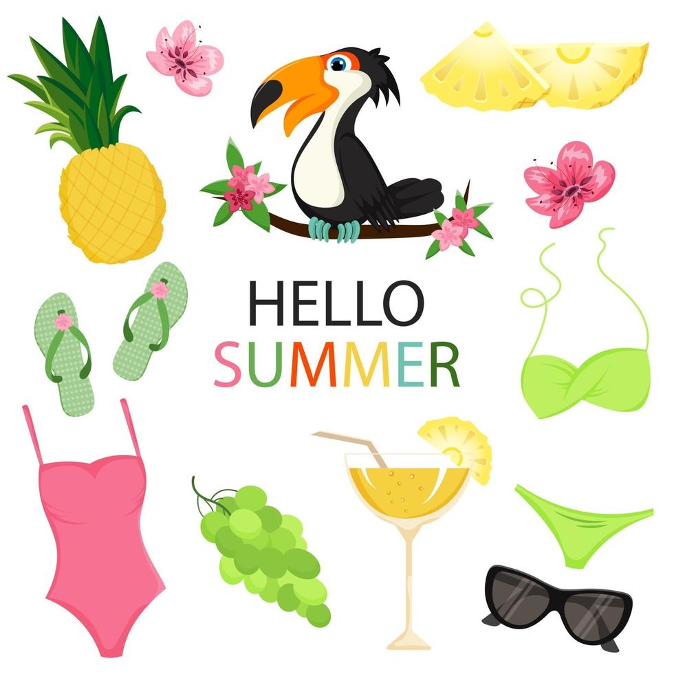 Satz von niedlichen Sommerelementen Cartoon-Stil Ananas Cocktail Badeanzug Flip Flops Tukan Trauben Sonnenbrille Blumen vektor