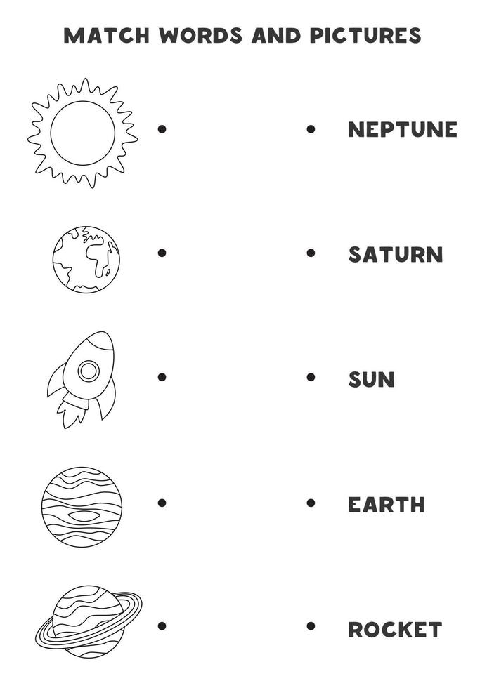 passende Planeten des Sonnensystems und die Wörter Lernspiel für Kinder vektor