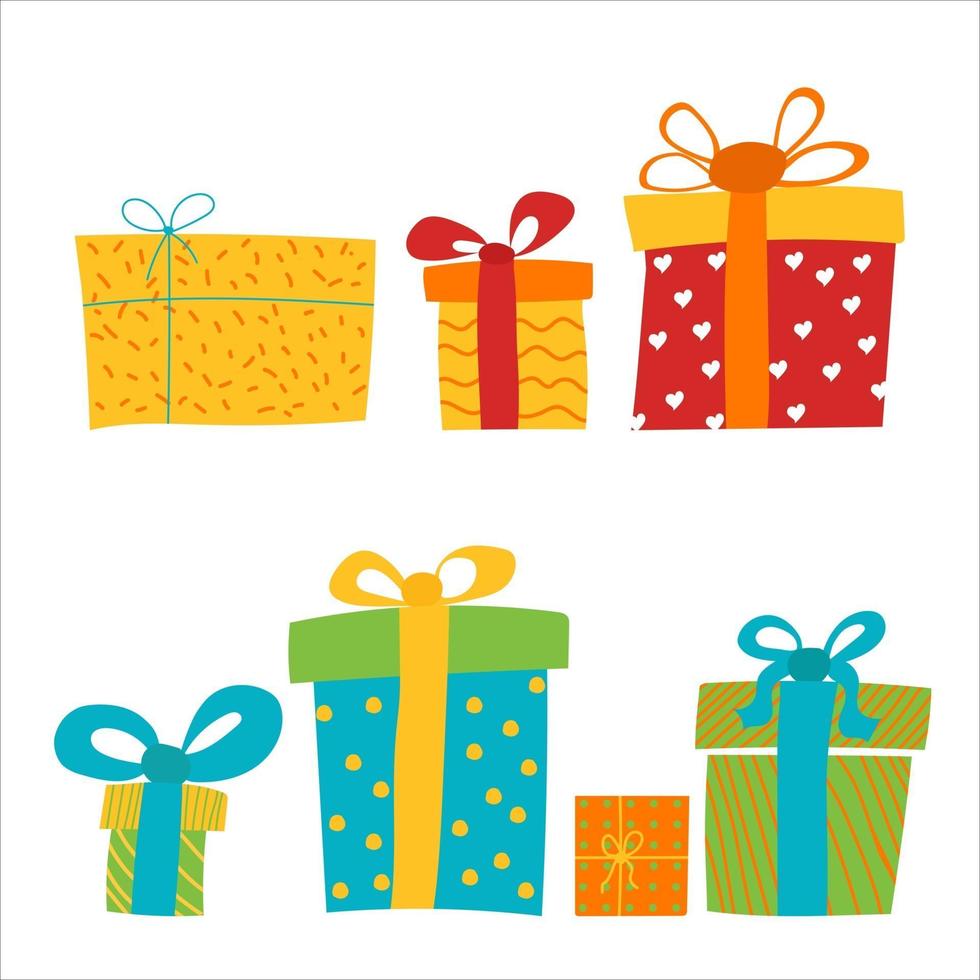 Vektorsatz von verschiedenfarbigen Geschenkboxen mit Band lokalisiert auf weißer bunter verpackter Verkaufseinkaufskonzeptkollektion für Feiertagsgeburtstagsweihnachten vektor