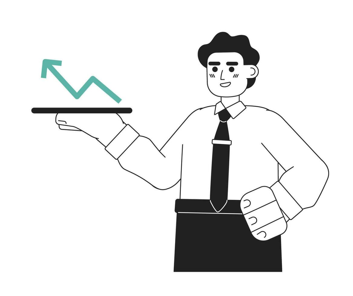 glücklich erfolgreich Mann eben Linie schwarz Weiß Vektor Charakter. editierbar Hälfte Körper Investor Show profitieren Pfeil Diagramm. einfach Karikatur isoliert Stelle Illustration zum Netz Grafik Design