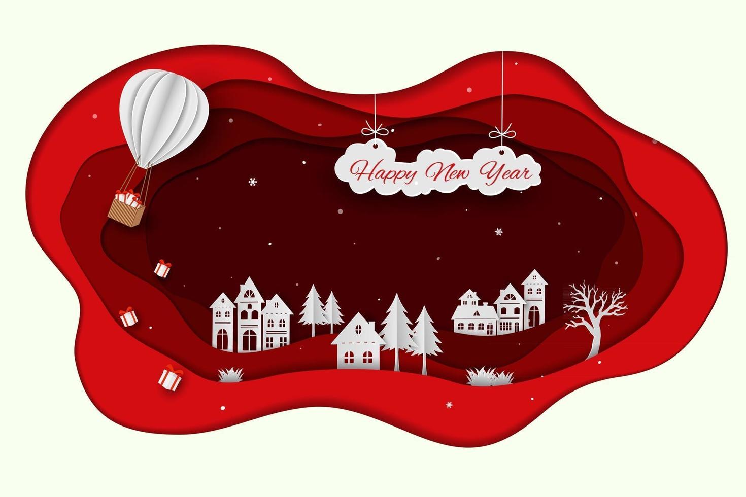 gott nytt år på papper konst röd bakgrundsdesign för fest fest eller gratulationskort vektor