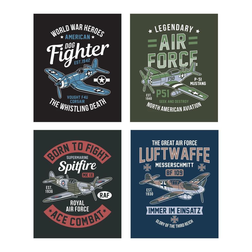 vintage världskrig 2 stridsflygplan grafisk tshirt samling vektor