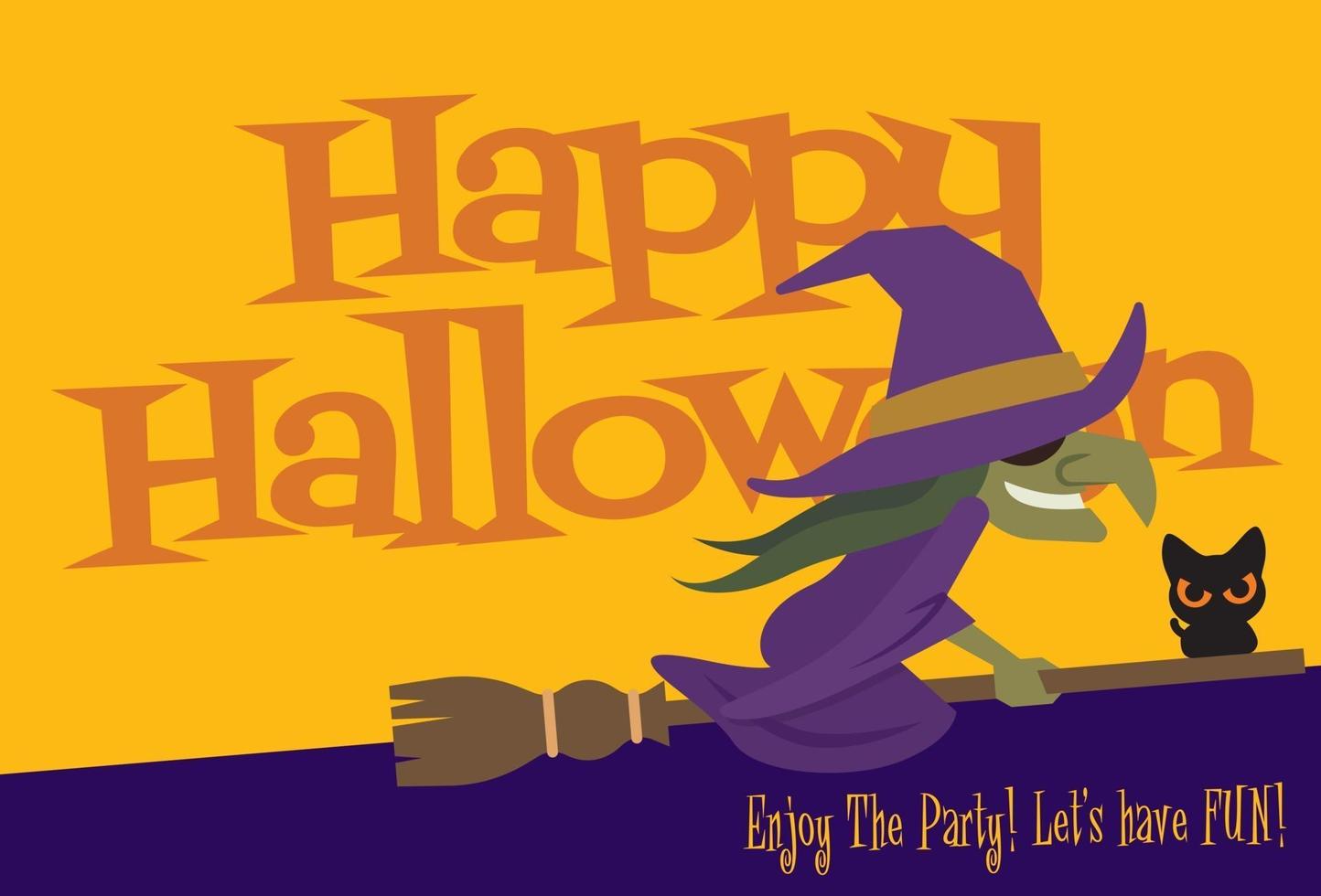 Karikatur Halloween-Hexe, die auf Besen mit großem Beschriftungsschild fliegt vektor