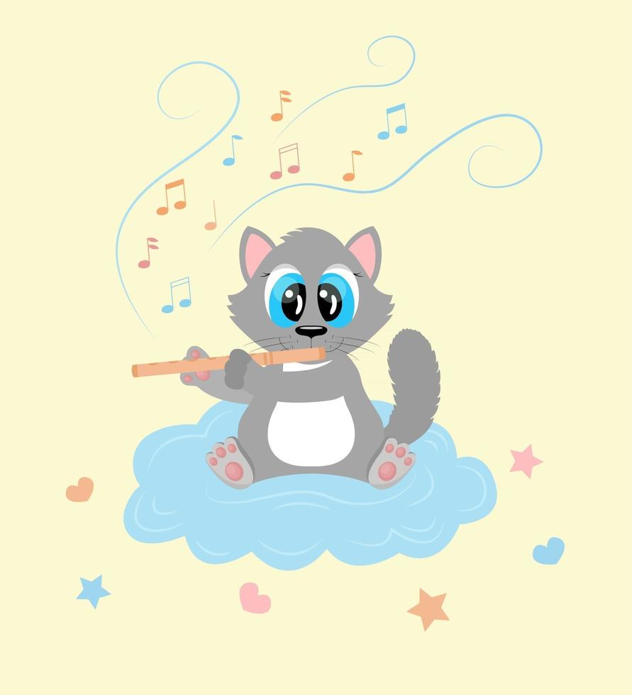 Karikaturkatzencharakter, der Musik auf Flöte spielt und auf Wolke niedliches flauschiges Tierplakat für Babyraumkinderzimmervektorillustration für Kinder in Pastellfarben sitzt vektor