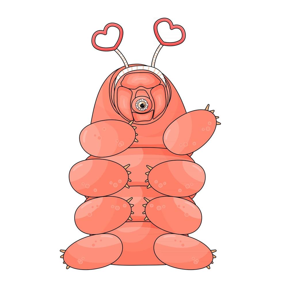 rosa isolierte glückliche niedliche Karikaturvektor-Tardigrade sitzt auf weißem Hintergrund und winkt eine Hand auf Valentinstagsparty vektor