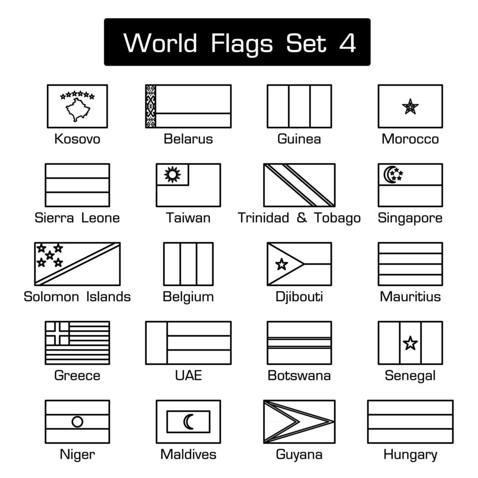 Weltflaggen setzen 4 einfache Stil und flaches Design dicken Umriss vektor