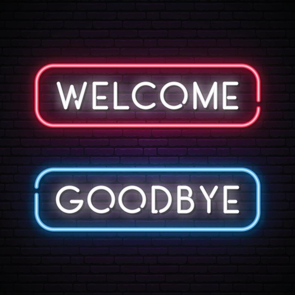 Willkommen und auf Wiedersehen Vektor Neon Text Banner
