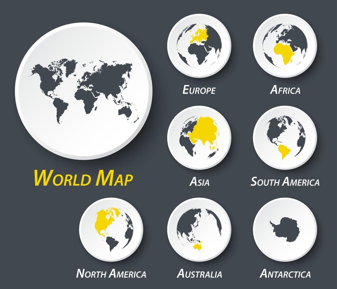 världs- och kontinentkarta på cirkel vektor