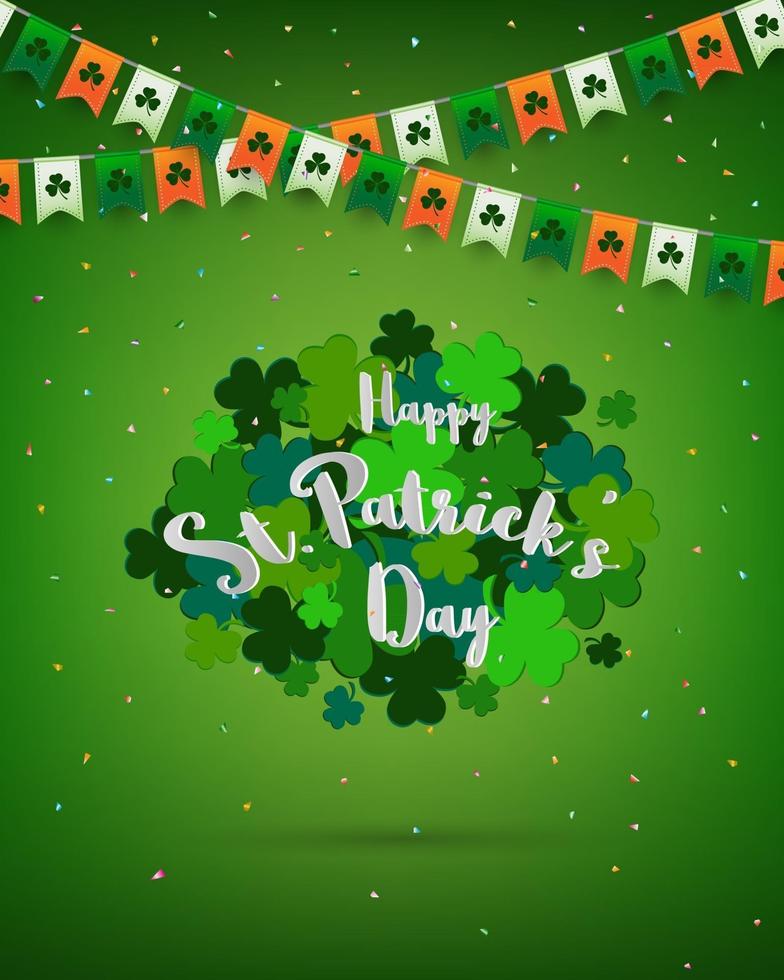 klöver på grön bakgrund för st patrick day design med bokstäver konfetti och bunting i irländska färger vektor