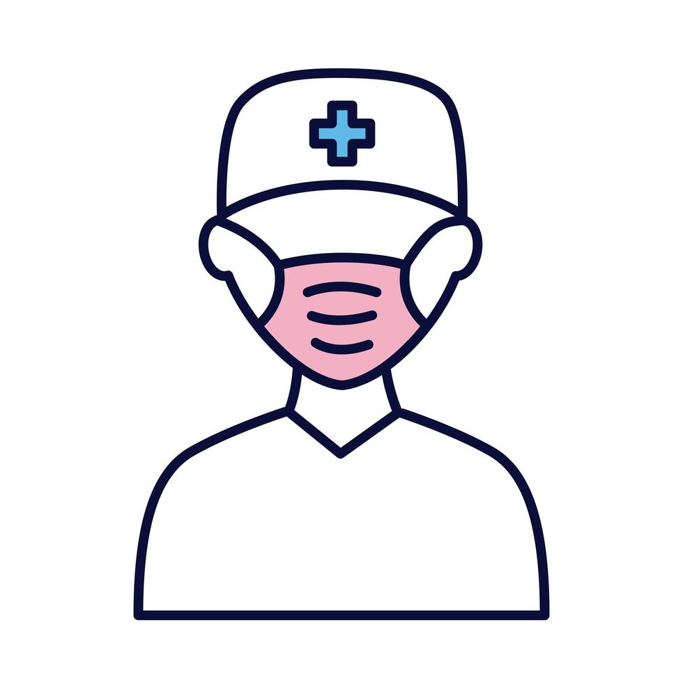 männliche Krankenschwester, die medizinische Maskenlinie trägt und Stilikone füllt vektor
