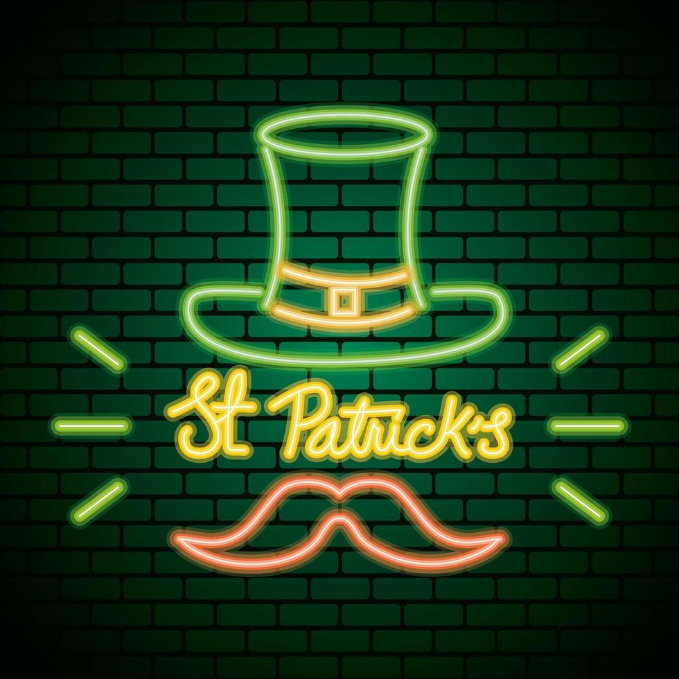 Saint Patricks Day Neonlicht mit Koboldhut und Schnurrbart vektor