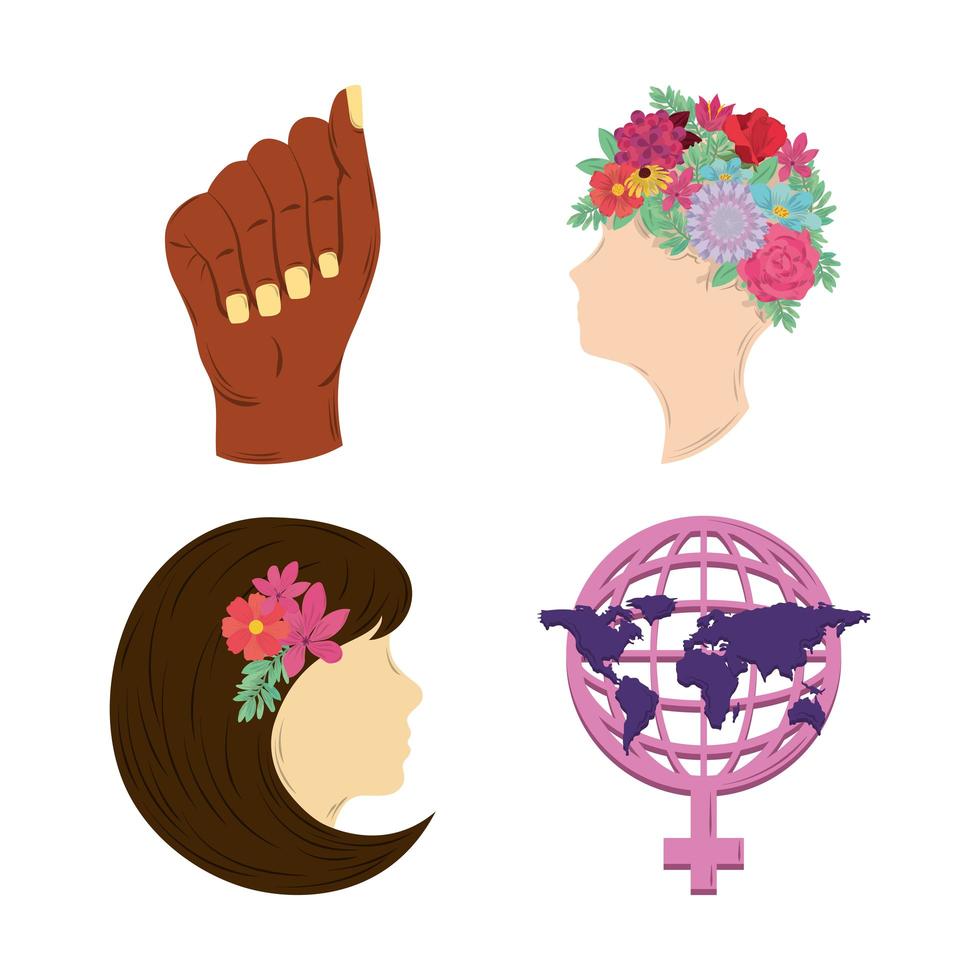 kvinnors dag ikoner anger hand världen kön kvinna huvud blommor vektor