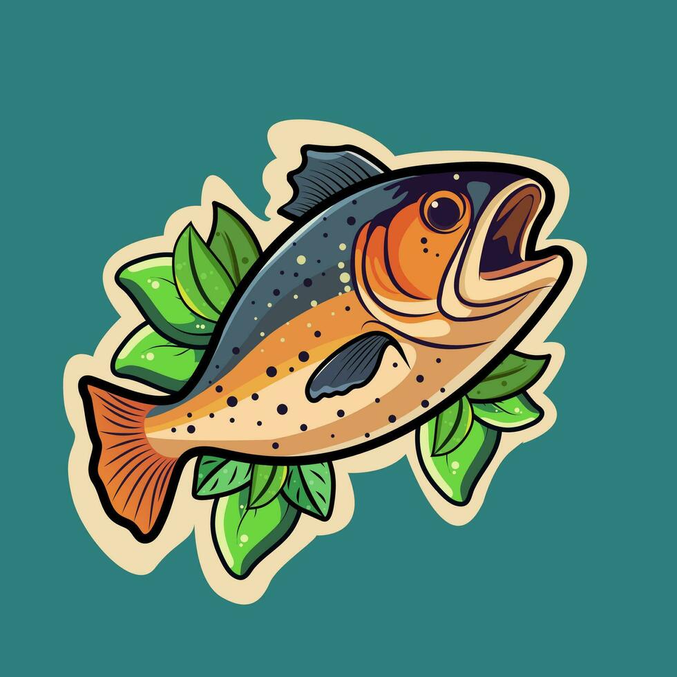 klistermärke stil grillad fisk med löv på kricka bakgrund. vektor