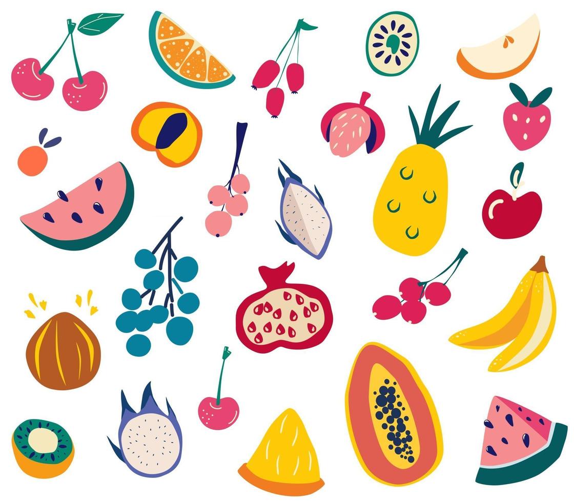 Früchte setzen Gekritzel frisch lecker verschiedene Früchte natürliche tropische Früchte große Sammlung vegane Menü gesunde Lebensmittel frische Bio-Küche Cartoon-Stil Hand gezeichnete Vektor-Illustration vektor