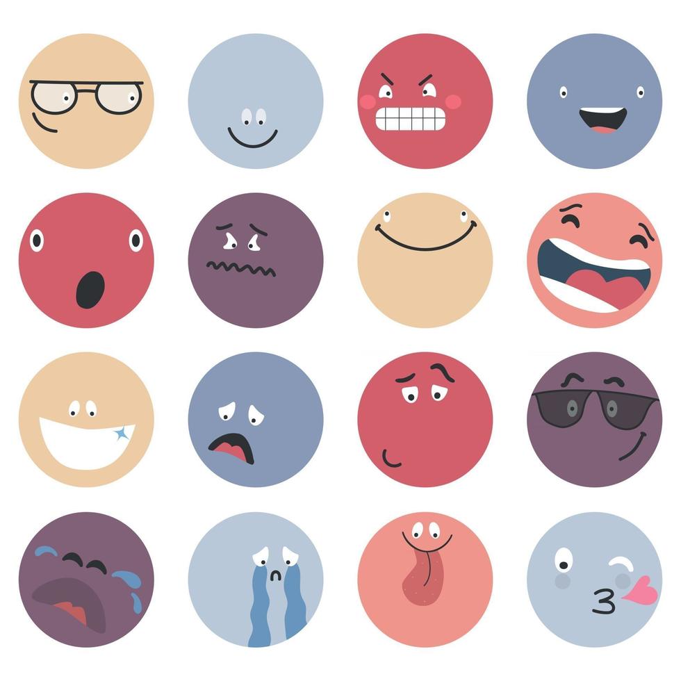 runda abstrakta komiska ansikten med olika känslor olika färgglada karaktärer tecknad stil platt design emoticons set emoji ansikten emoticon leende digital smiley uttryck känslor känslor chatt budbärare tecknad emotes vektor